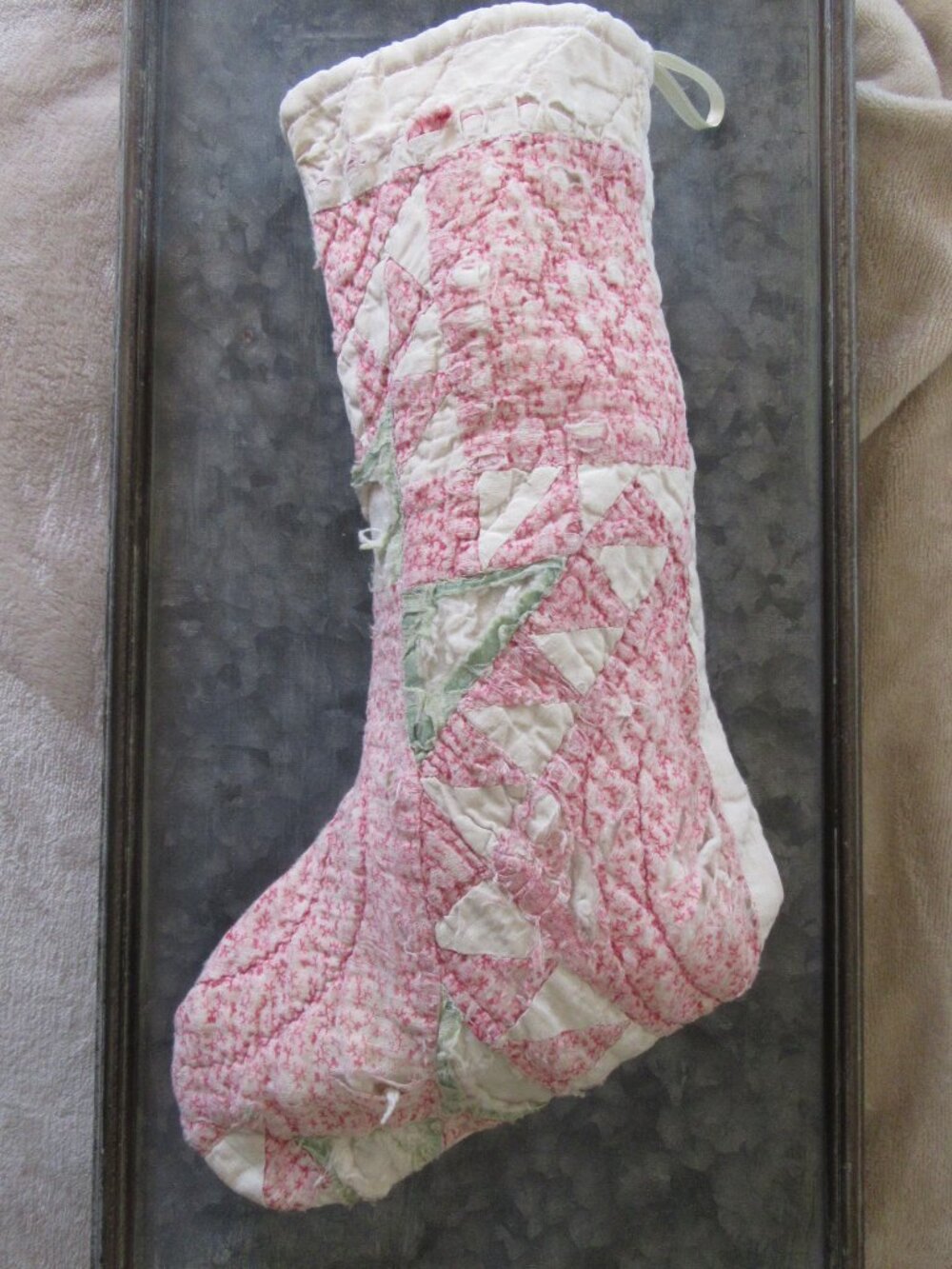 Shabby Chic Tattered Xmas stocking made fr. vtg quilt; 13 in. pink/green/ivory